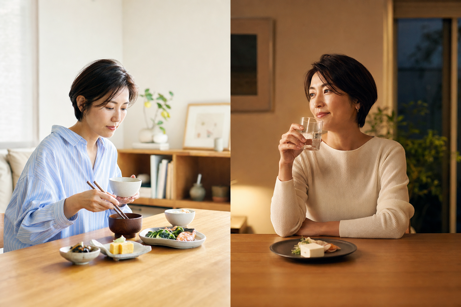 普段の食事と夜のくつろぎ時間を過ごす大人の女性の使用イメージ