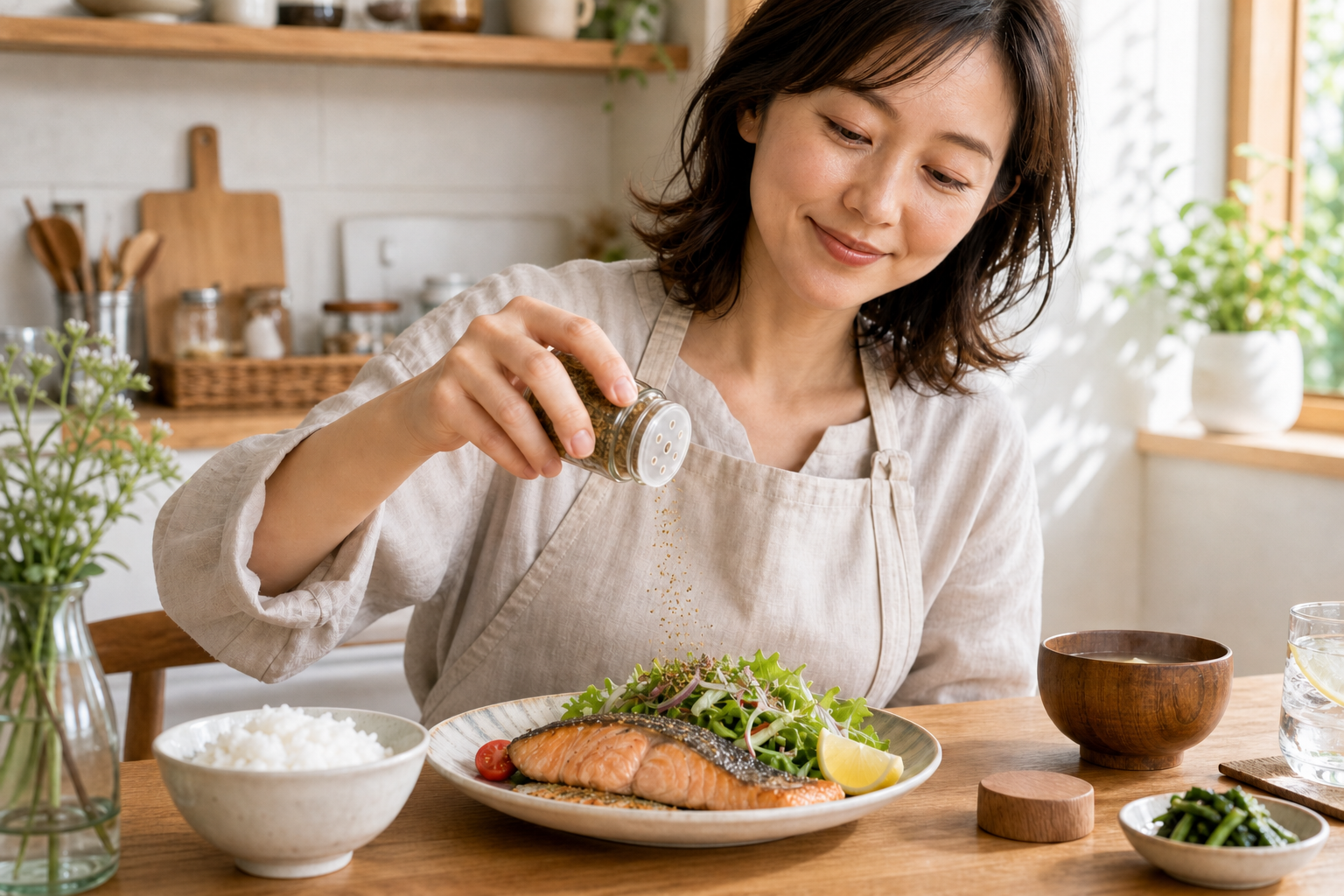 鮭とサラダにオリーブの女神をひと振りする使用イメージ