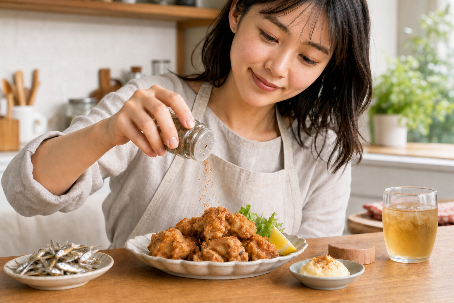 唐揚げにオリーブの紅姫をひと振りする使用イメージ